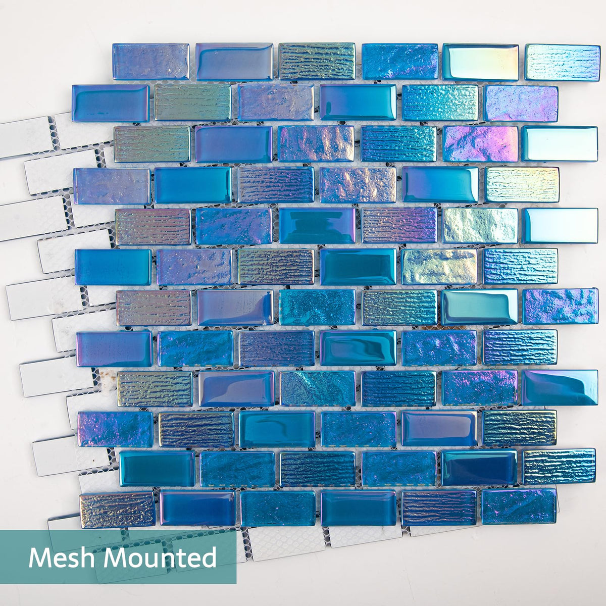 Pool Tile, Glass Backsplash Tiles Iridescent Blue 1x2 Inch Brick, 5 Sheets