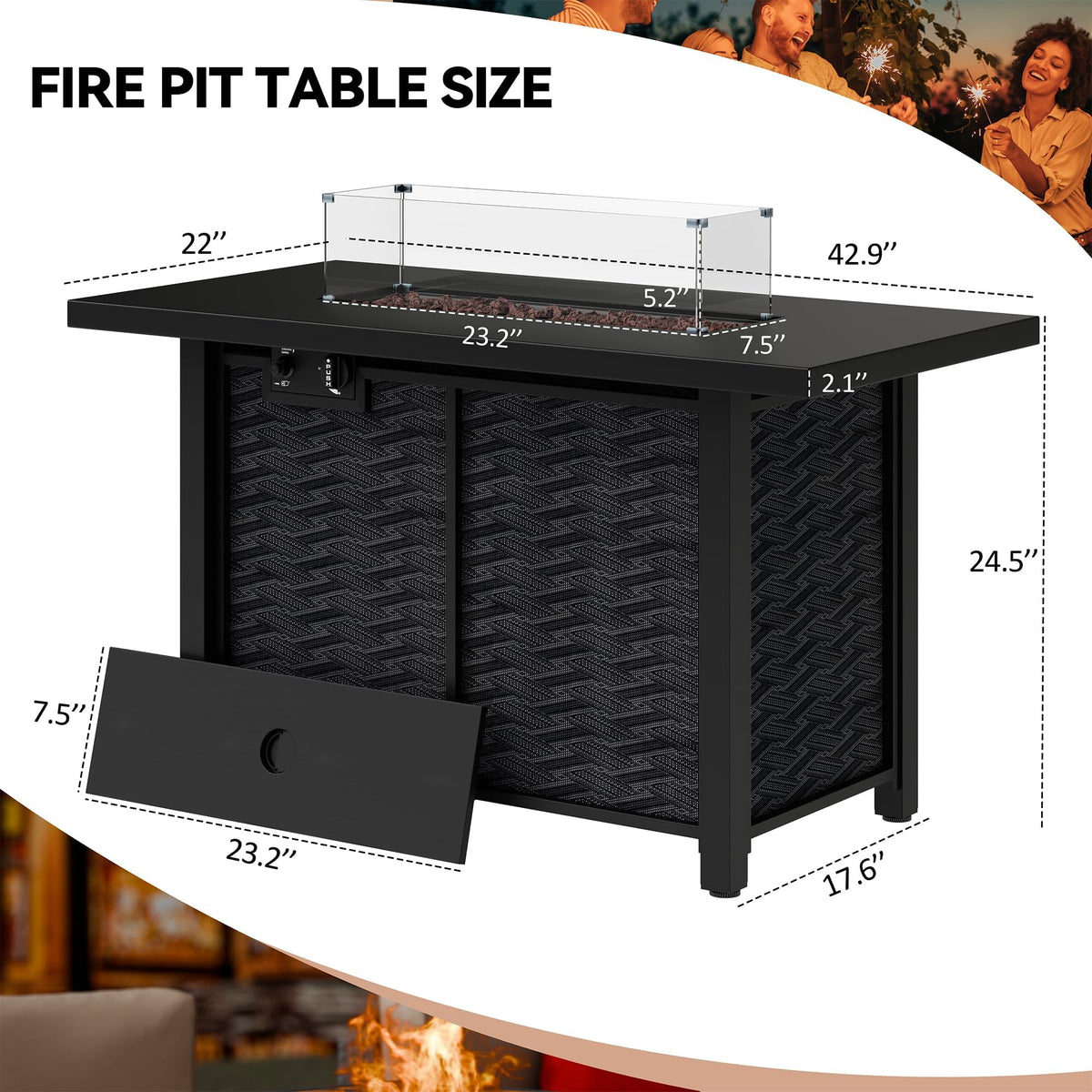 Propane Fire Pit, 43" Outdoor Gas Fire Pit Table, 50, 000 BTU 2-in-1 Texteline Pattern Fire Table with Removable Lid