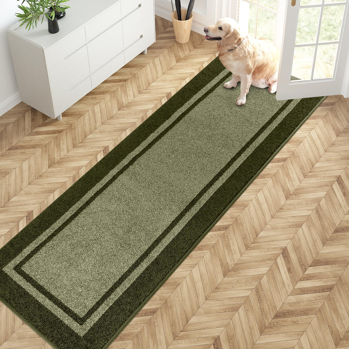 Hallway Runner Rug, 24" x 84", Budding Green & Sage Green