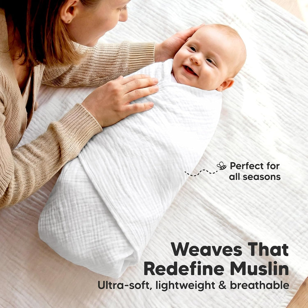 3pk Muslin Swaddle Blankets for Newborns Boys, Girls (Soft White, 47x47)