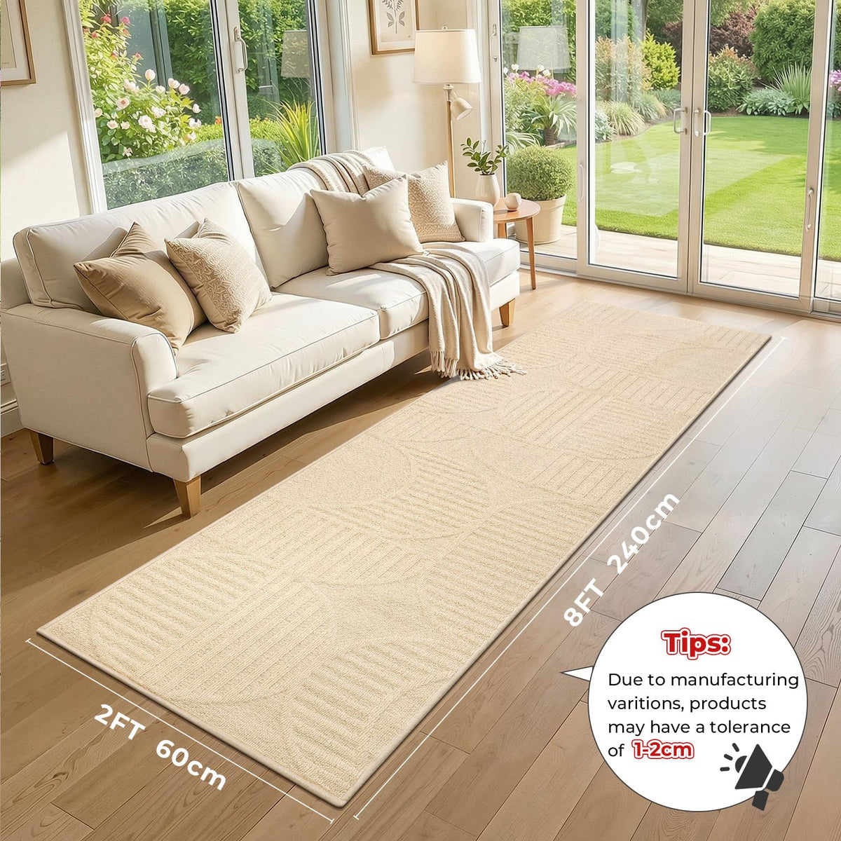 Hallway Runner Rug 2x8, Geometric High-Low Textured Runner, Beige