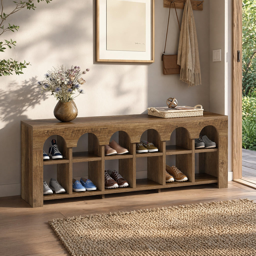 63" Entryway Bench with Shoe Storage, Farmhouse Bench with 12 Cubbies