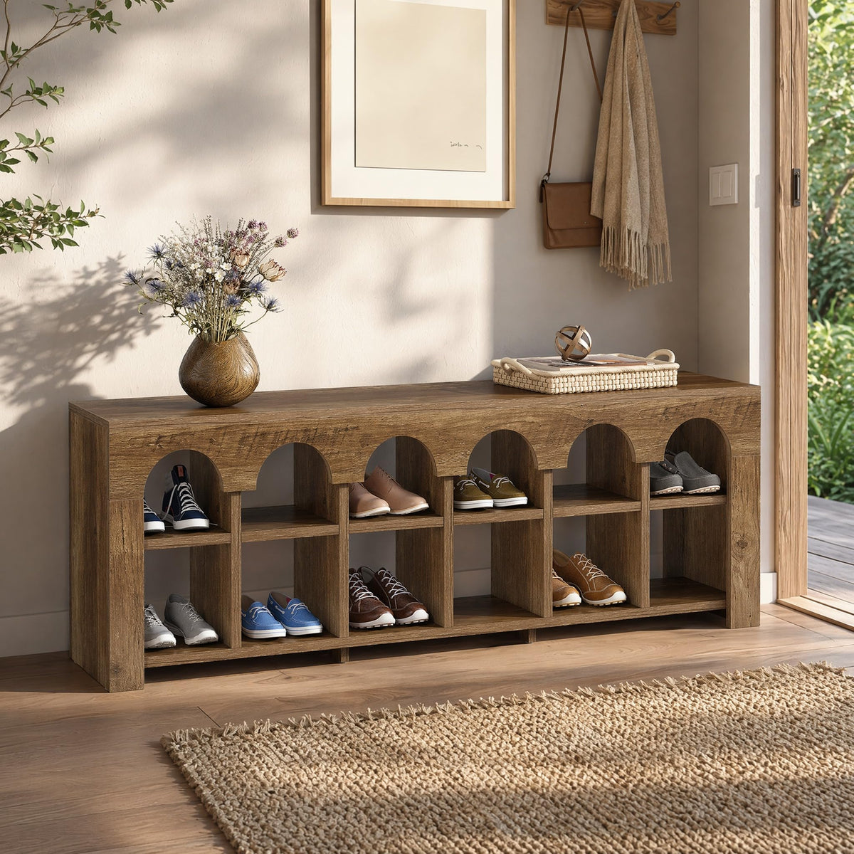 63" Entryway Bench with Shoe Storage, Farmhouse Bench with 12 Cubbies