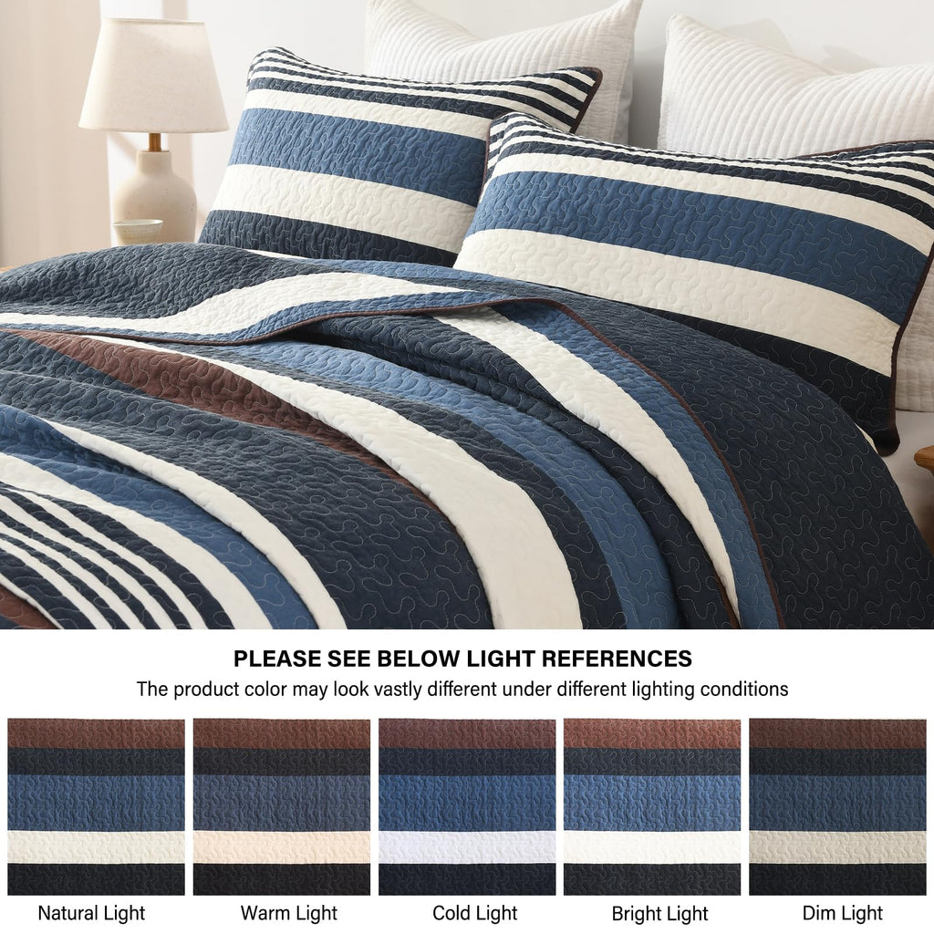 100% Cotton Quilt, Dark Blue and Brown Striped Quilt Set