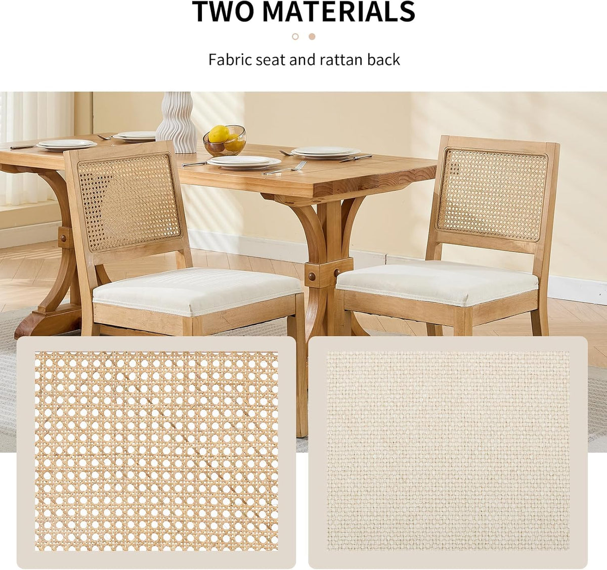 Vintage French Country Dining Chairs Set of 6, Rattan Dining Chairs with Low Square Back and Upholstered Seat for Kitchen or Dining Room, Beige