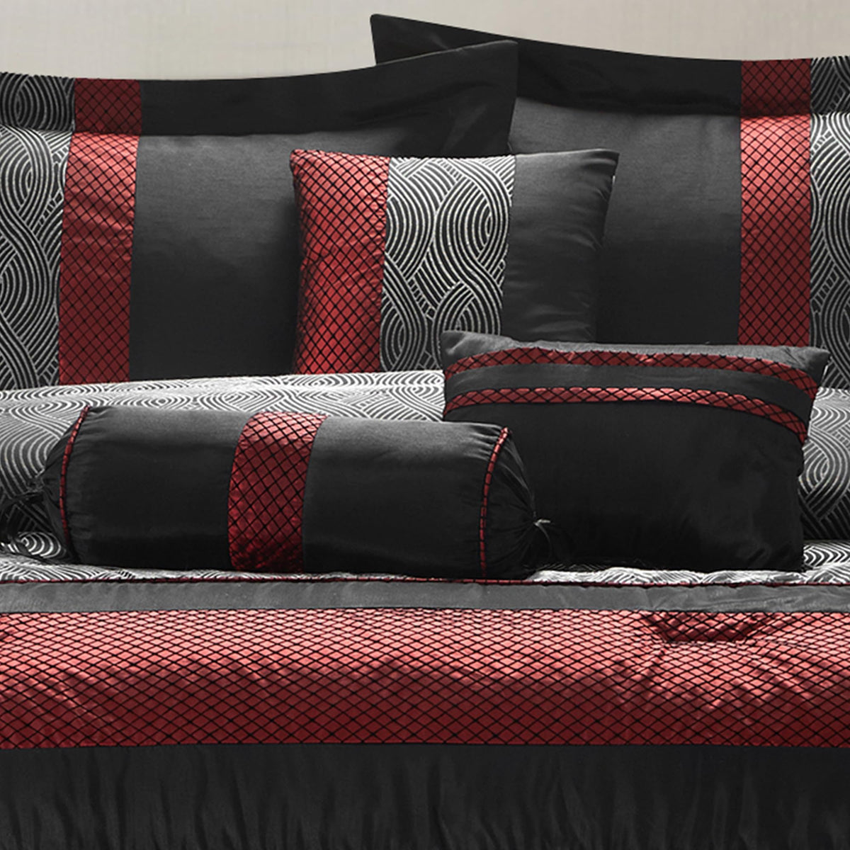 7 Piece Comforter Set, Black Red, Jacquard with Patchwork, Soft and Cozy for All Seasons, Bed in a Bag with