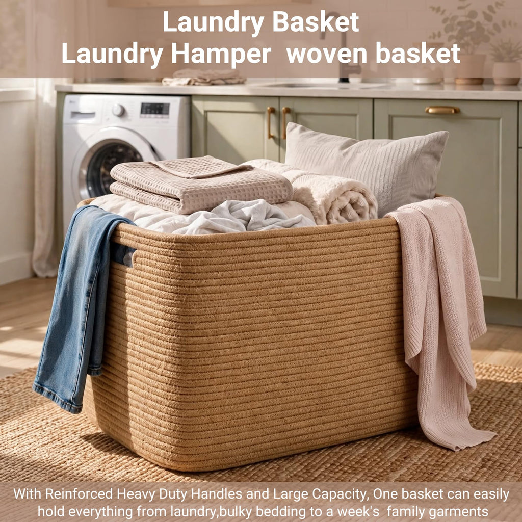 75L Large Jute Rope Storage Basket, 22"x17"x12" Woven Laundry Hamper, Blanket Basket , Toy Storage Bin for Kids