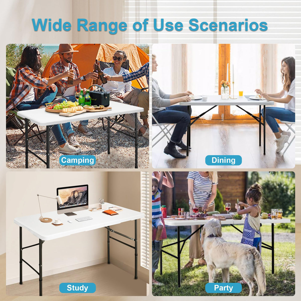 4ft Portable Folding White Event Table, Plastic Pinic Camping Table wiht 2 Adjustable Heights, Indoor Outdoor Heavy