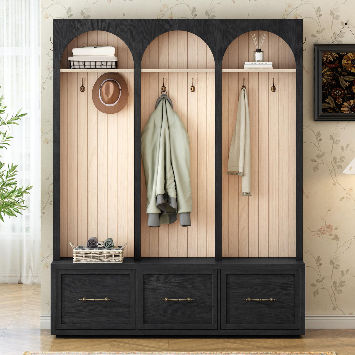 Farmhouse Wood Hall Tree with 8 Hooks and Shoe Bench, Mudroom Versatile Coat Racks with 3 Drawers, Entrance Organizer