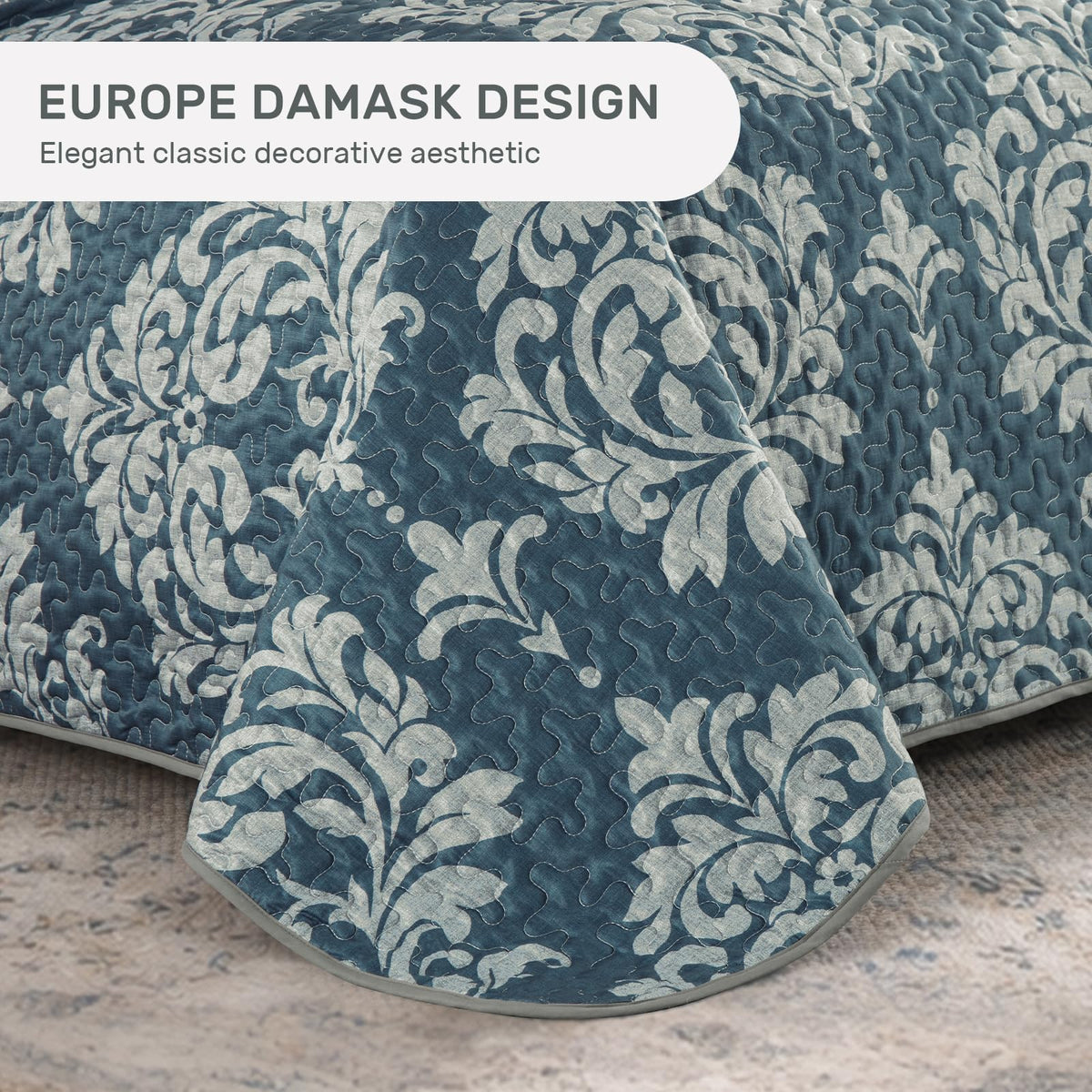 Quilt Bedding Set Navy Damask Bedspread Coverlet 3-Piece