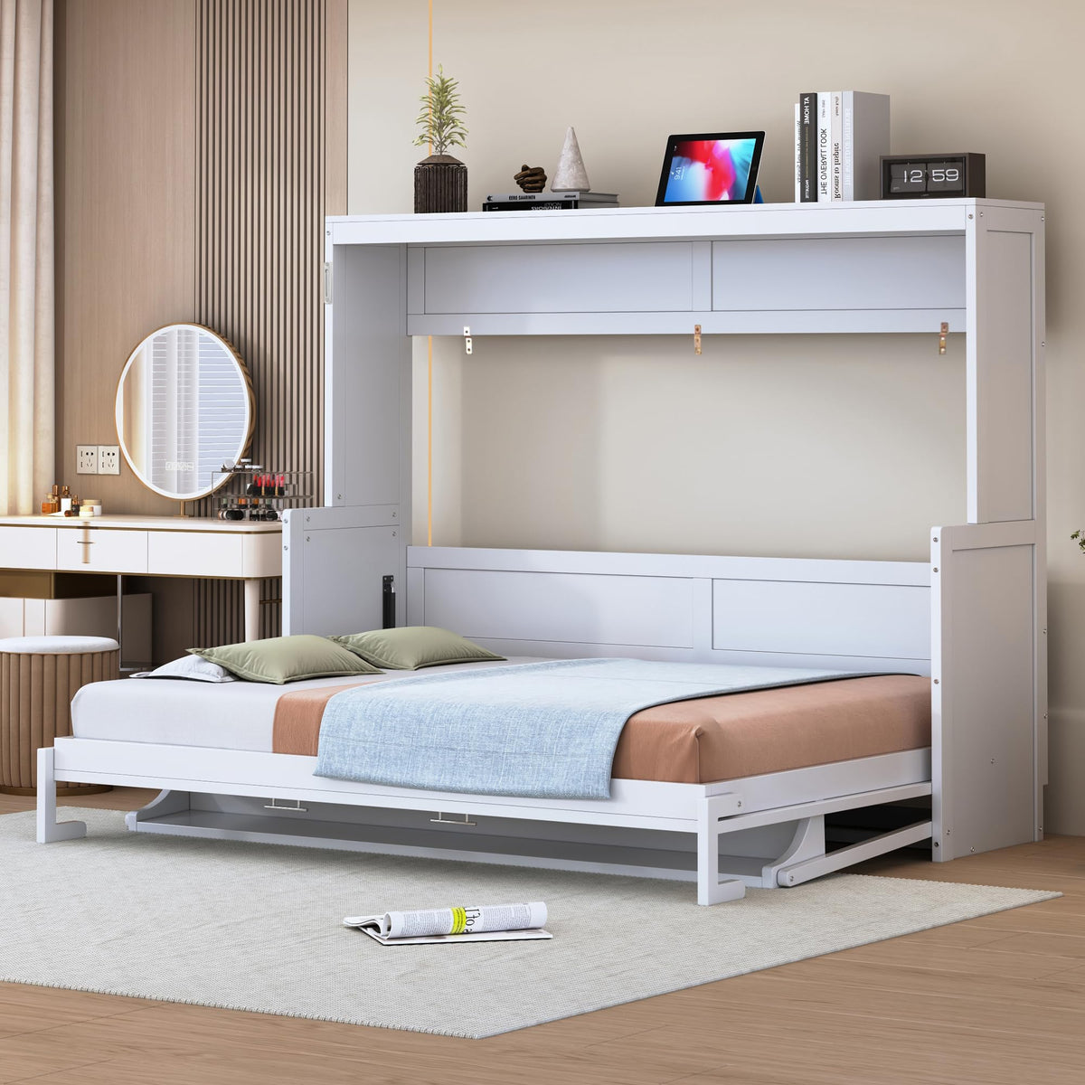 Full Size Murphy Bed, Wood Murphy Wall Bed with Hydraulic Lift & Desk Design, White