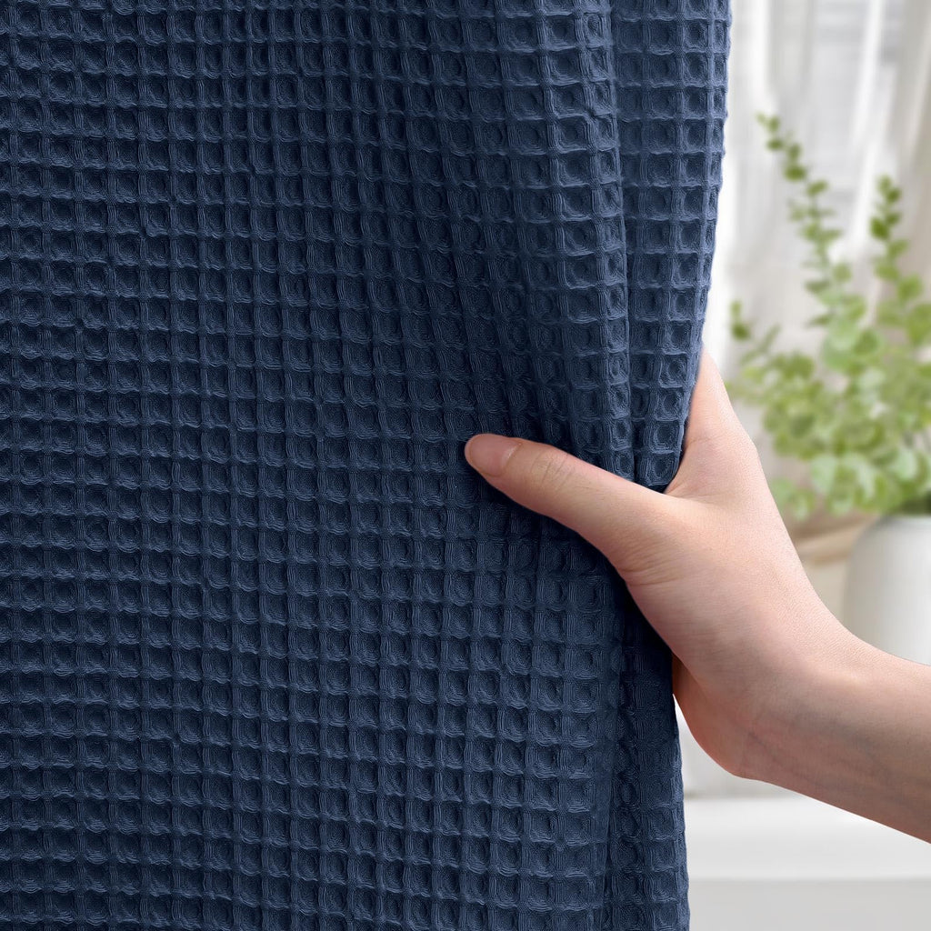 Waffle Weave Shower Curtain Heavyweight Cotton Fabric Navy Blue 72Wx72L