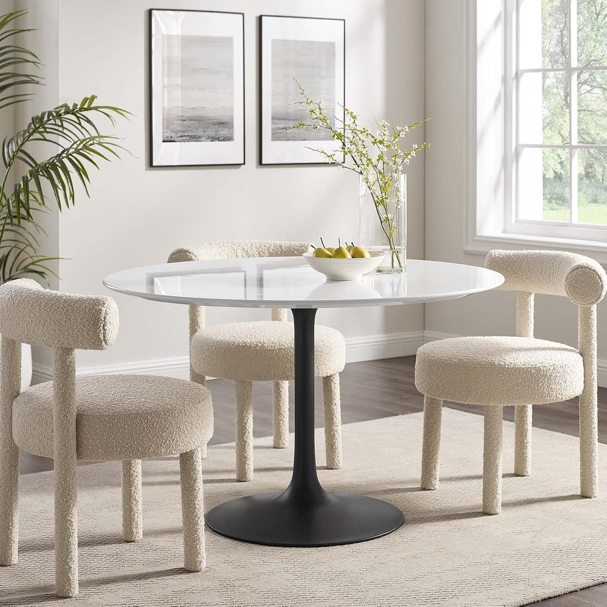 Inspired Saarinen Style Tulip Round Pedestal Dining Table — Black Base / White Top, 47″ Round