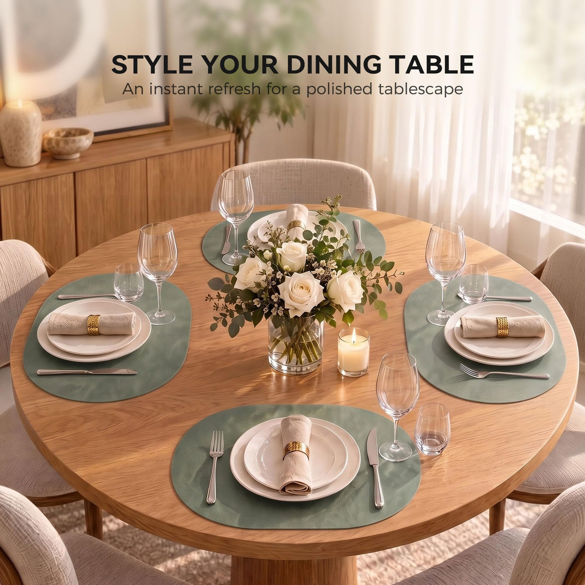 Oval Placemats Set of 4, Reversible Vinyl Faux Leather Wipeable Table Mats