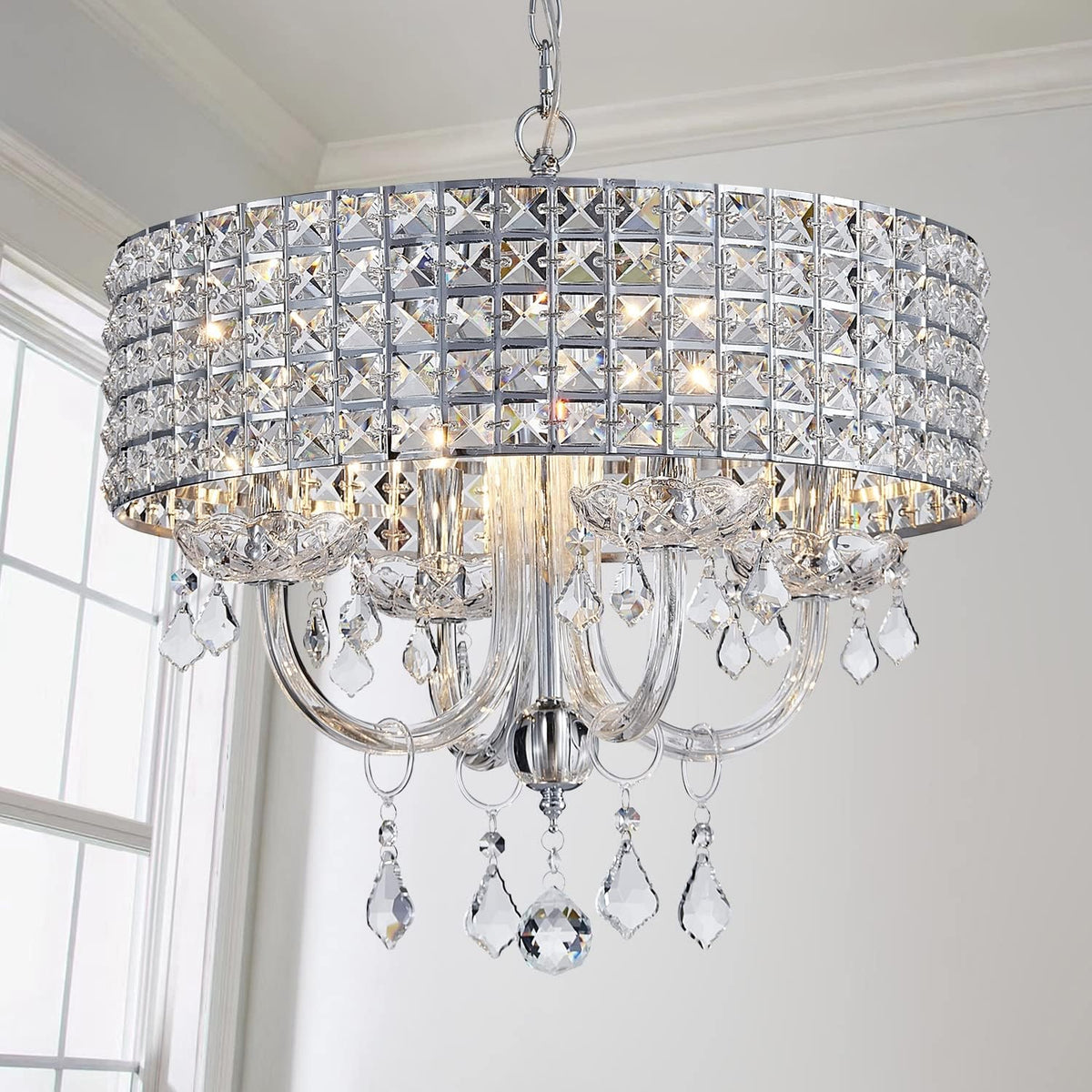 4-Light Modern K9 Crystal Chandelier for Dining Rooms, Bedrooms and Foyers