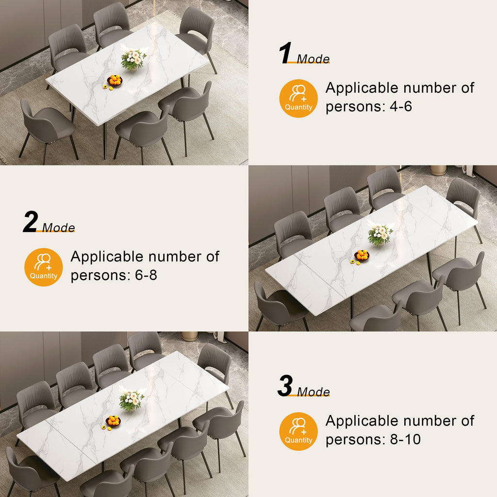 62.9"-94.4" Extendable Dining Table, White Sintered Stone Top