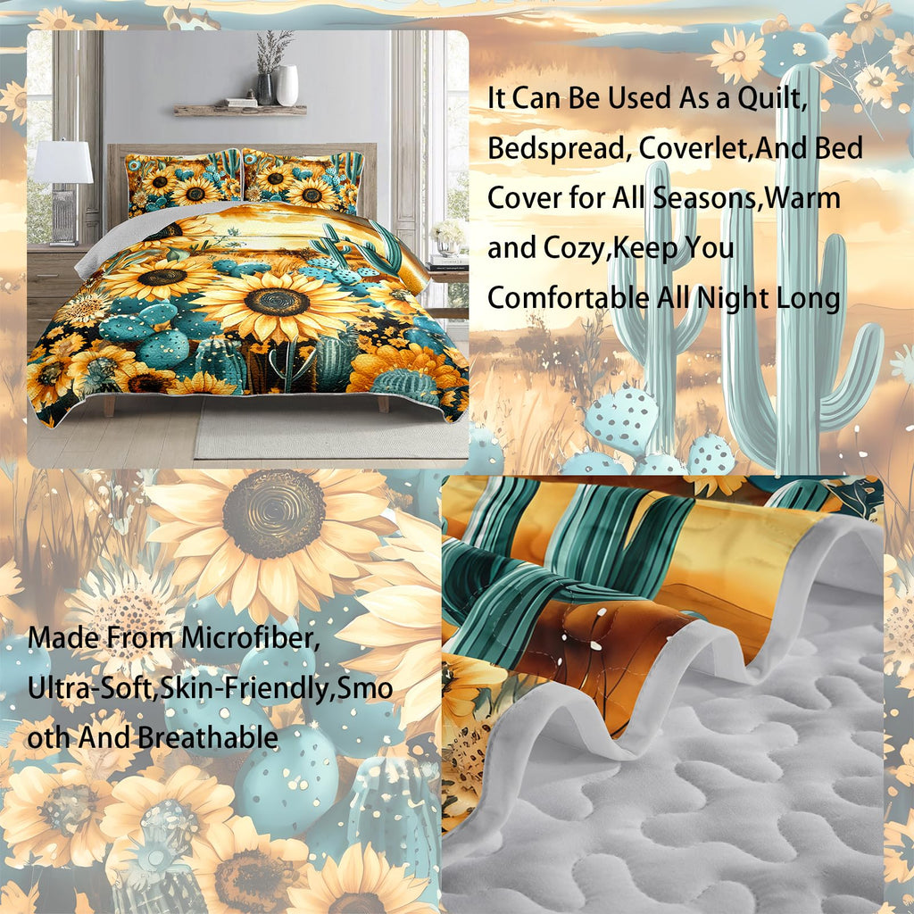 Sunfower Print Quilt Bedding Set, 3-Piece Western Cactus Flower Bedspread Coverlet, Sunset Theme Quilt, 2