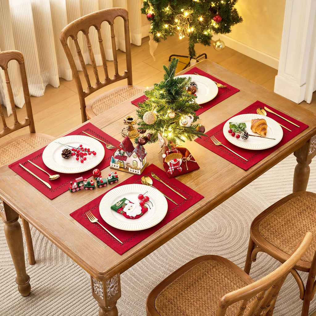 Red Burlap Place Mats, Christmas Placemats Set of 6, 12 x 18 Inch