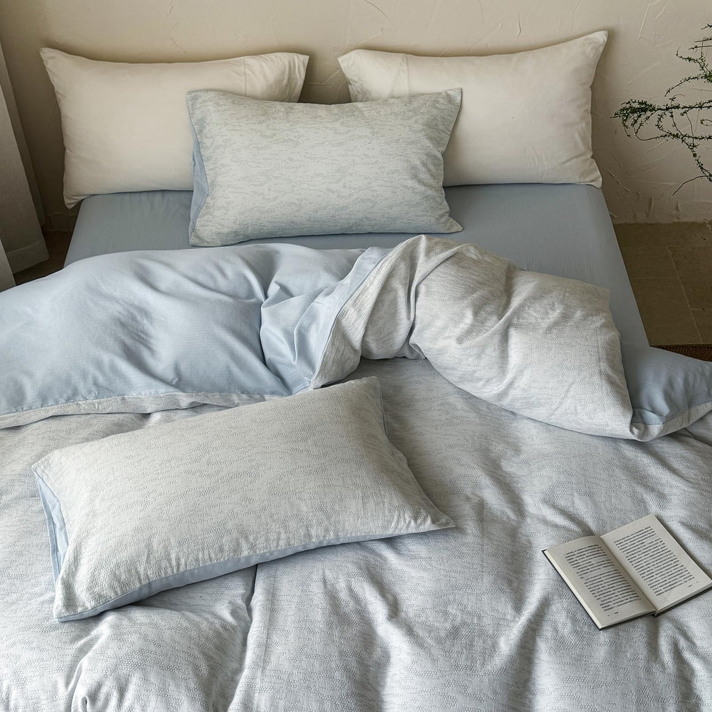 Minimalist Light Blue Duvet Cover Set Chic Cotton Jacquard Bedding