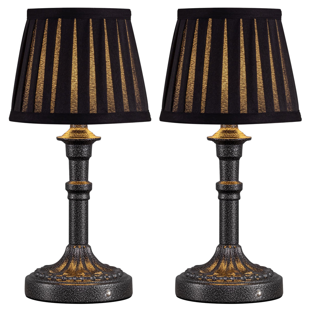Mottled Silver Cordless Table Lamps Set of 2, Black Fabric Shade Light