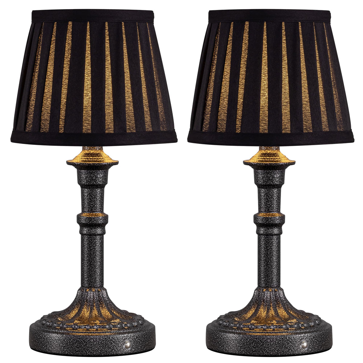 Mottled Silver Cordless Table Lamps Set of 2, Black Fabric Shade Light