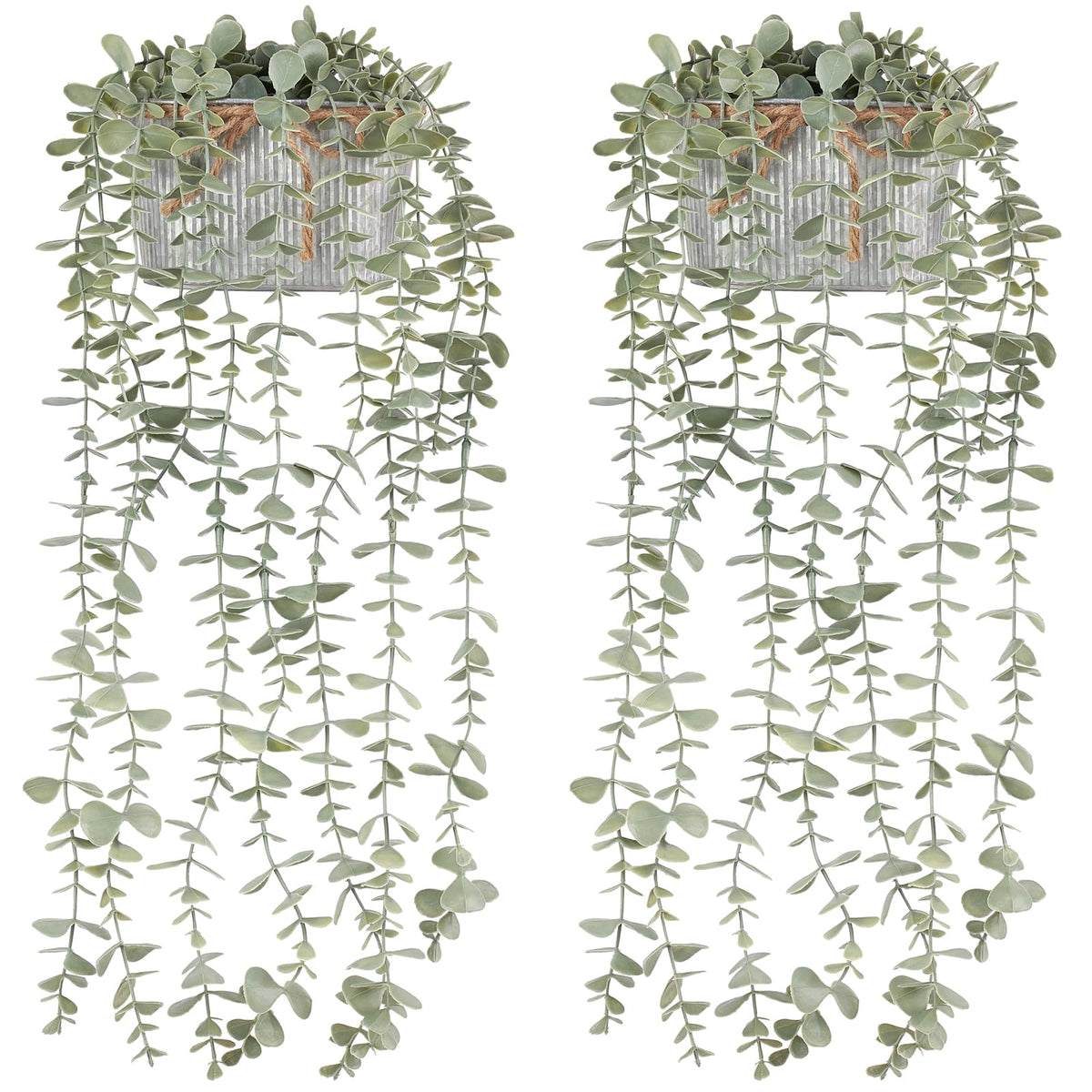 Fake Hanging Plants in Farmhouse Galvanized Pots for Shelf Decor 2Pcs