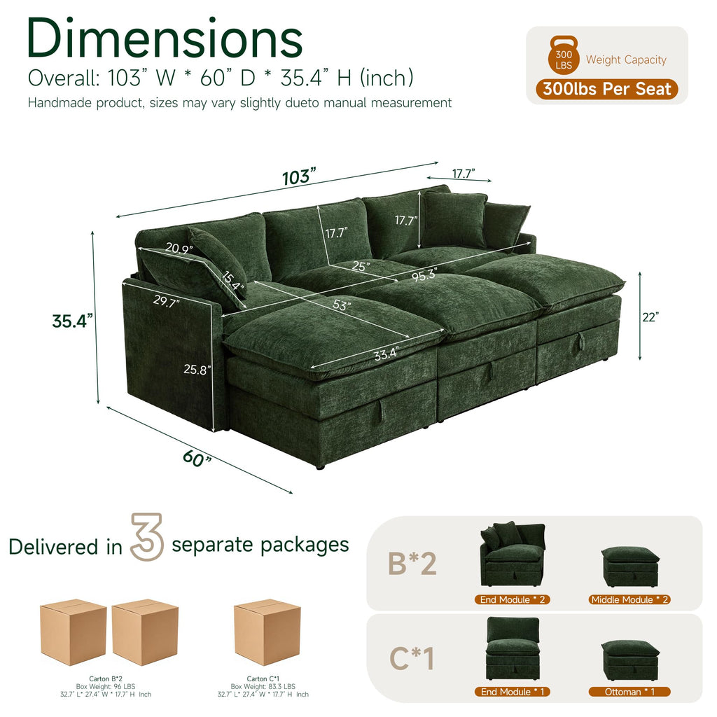 Modular Sofa Couch with Storage, 103" U-Shape Sectional Cloud Couch, Oversized Deep Seat Comfy Fabric Couch (Green