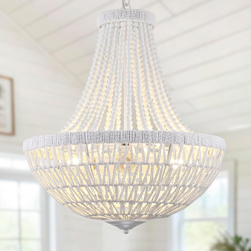 22" Boho Wood Beaded Chandelier Farmhouse Rattan Pendant Light Fixtures Bohemia Large Rattan Chandeliers Living Room