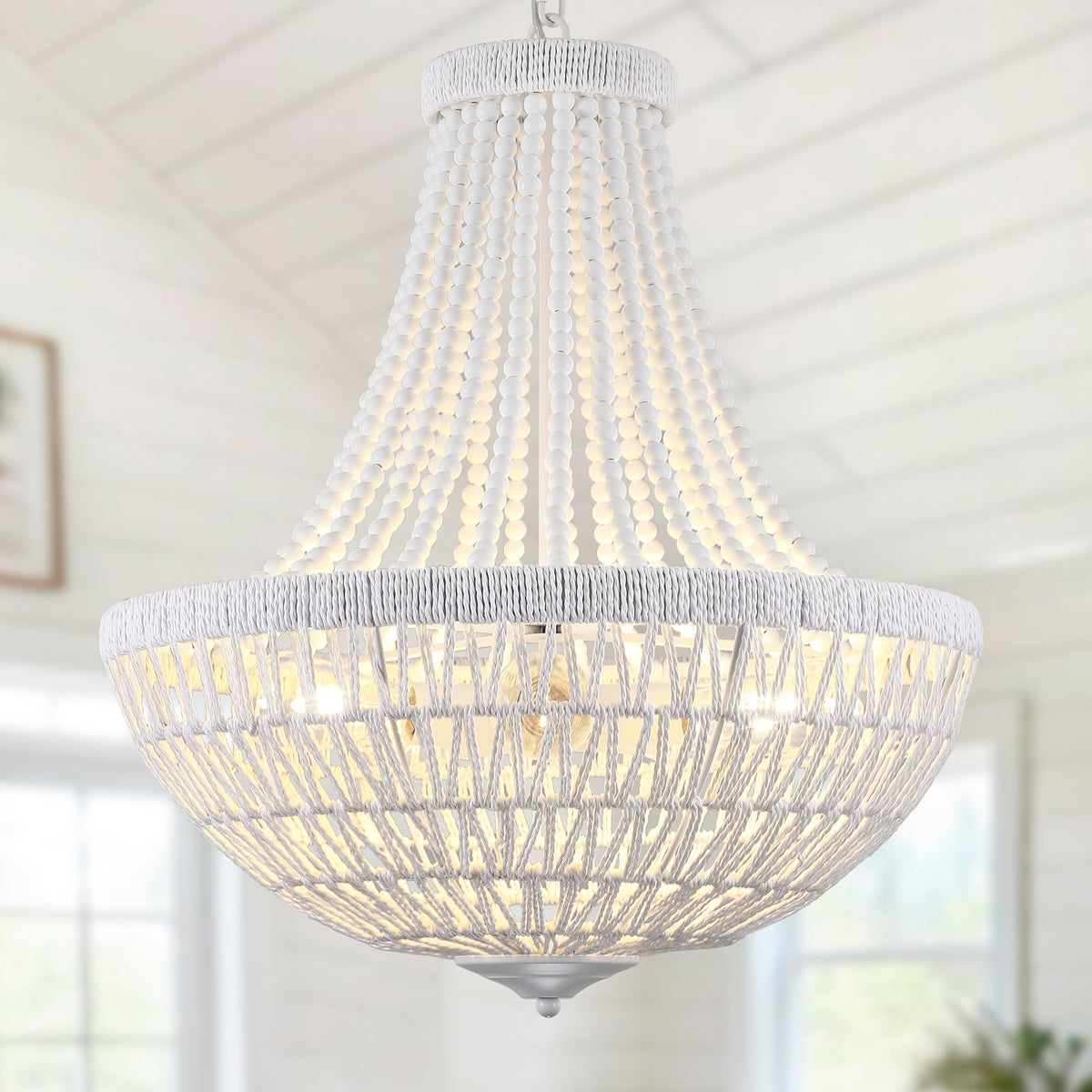 22" Boho Wood Beaded Chandelier Farmhouse Rattan Pendant Light Fixtures Bohemia Large Rattan Chandeliers Living Room