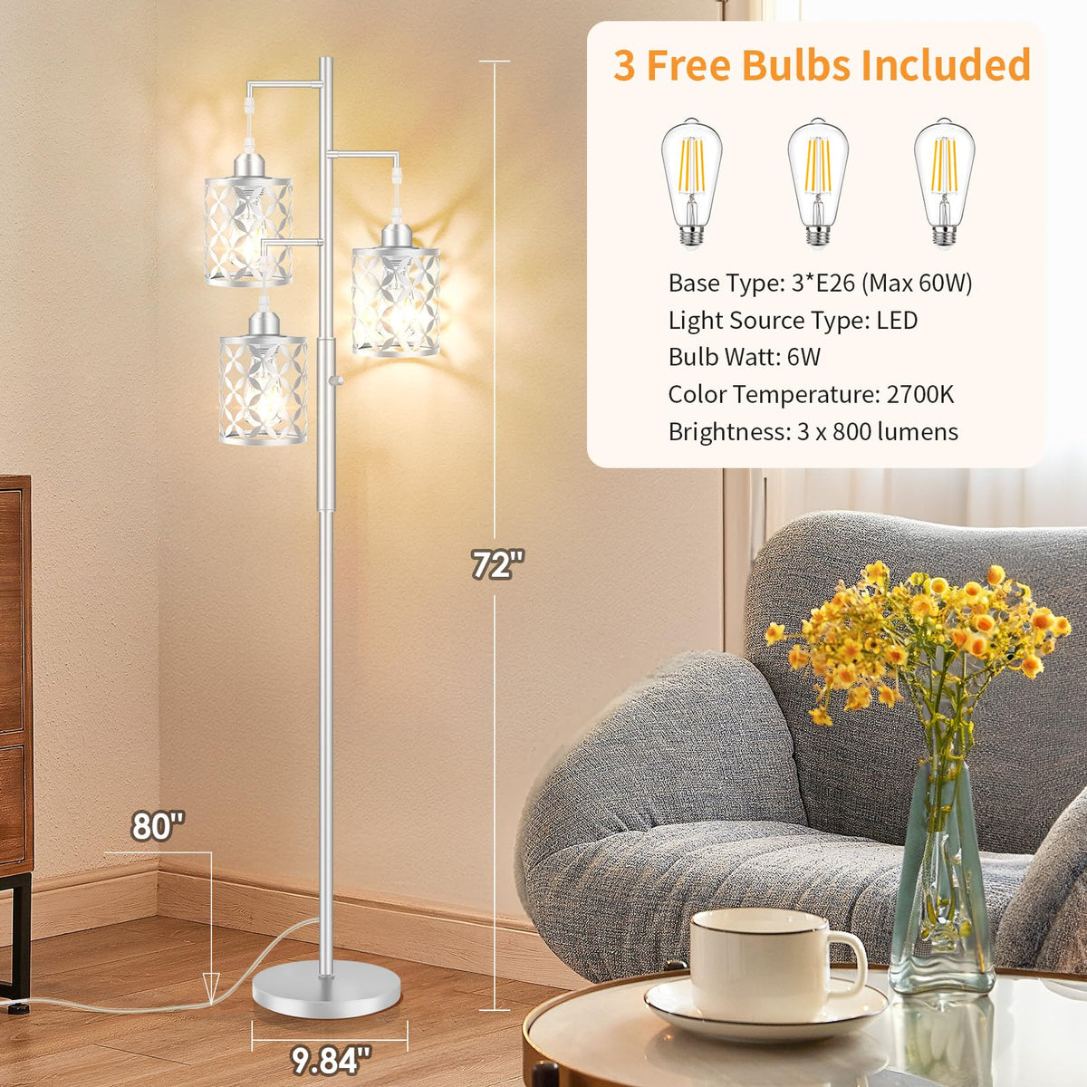 72" Modern Tree Floor Lamp, Dimmable Minimalist Tall Standing Lamp with Metal Cages & Rotary Dimmer Knob, Corner