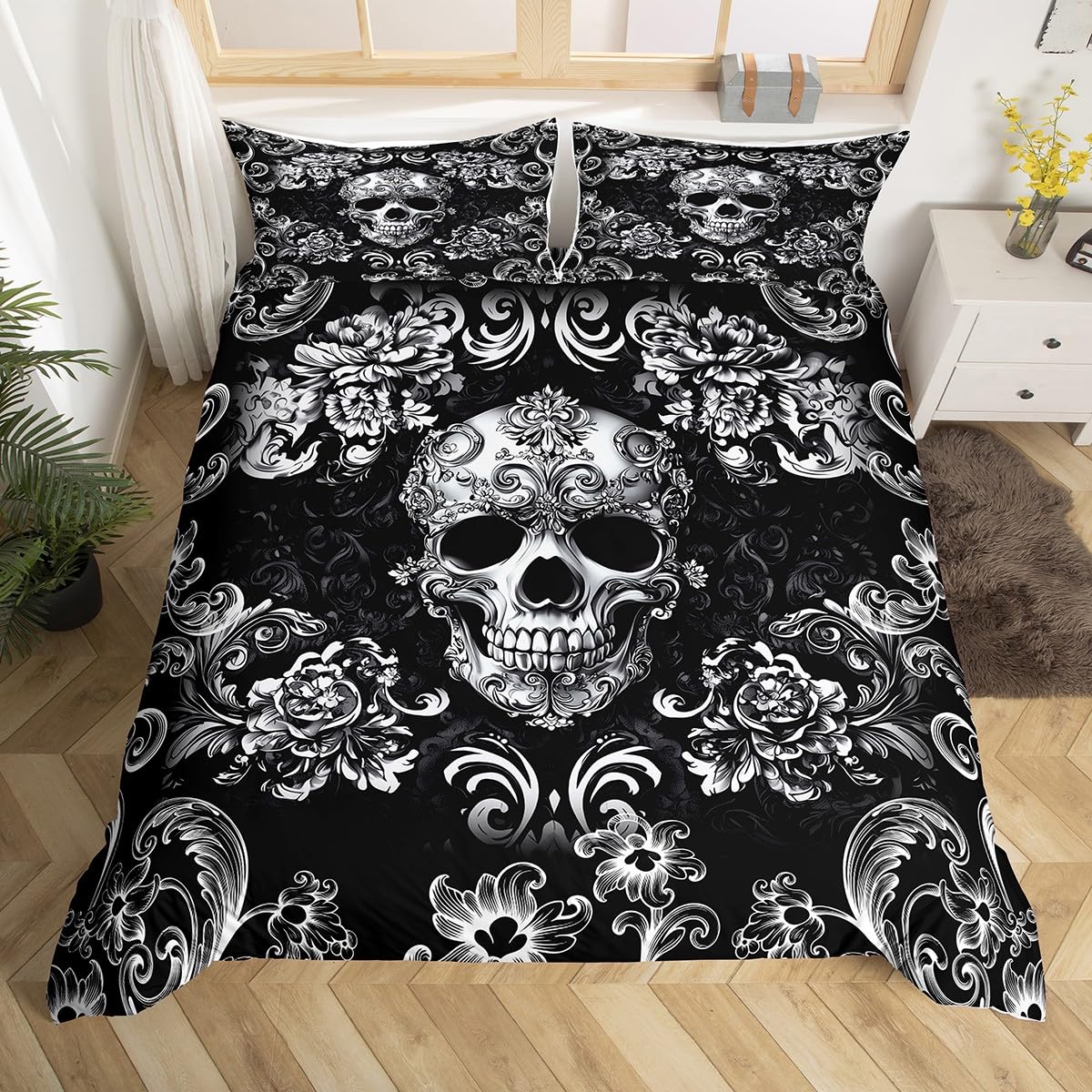Gothic Skull Duvet Cover Queen Size Bohemian Victorian Style Retro Floral Comforter Cover for Teens Adults Halloween