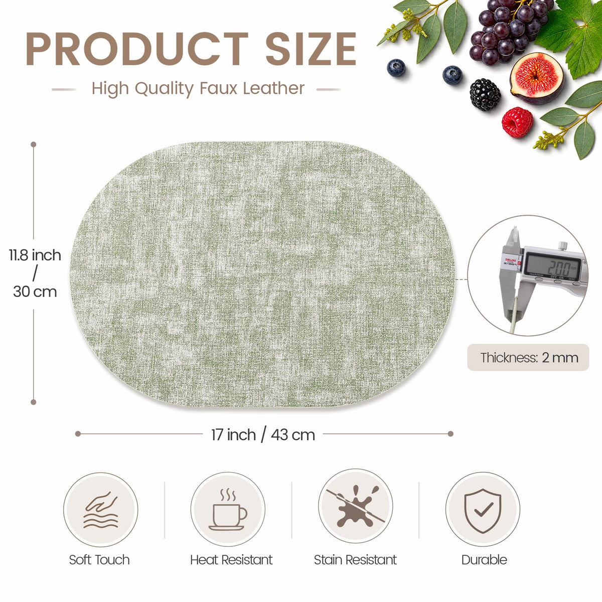 Oval Faux Leather Placemats Set of 6, Easy to Clean, Grass Green