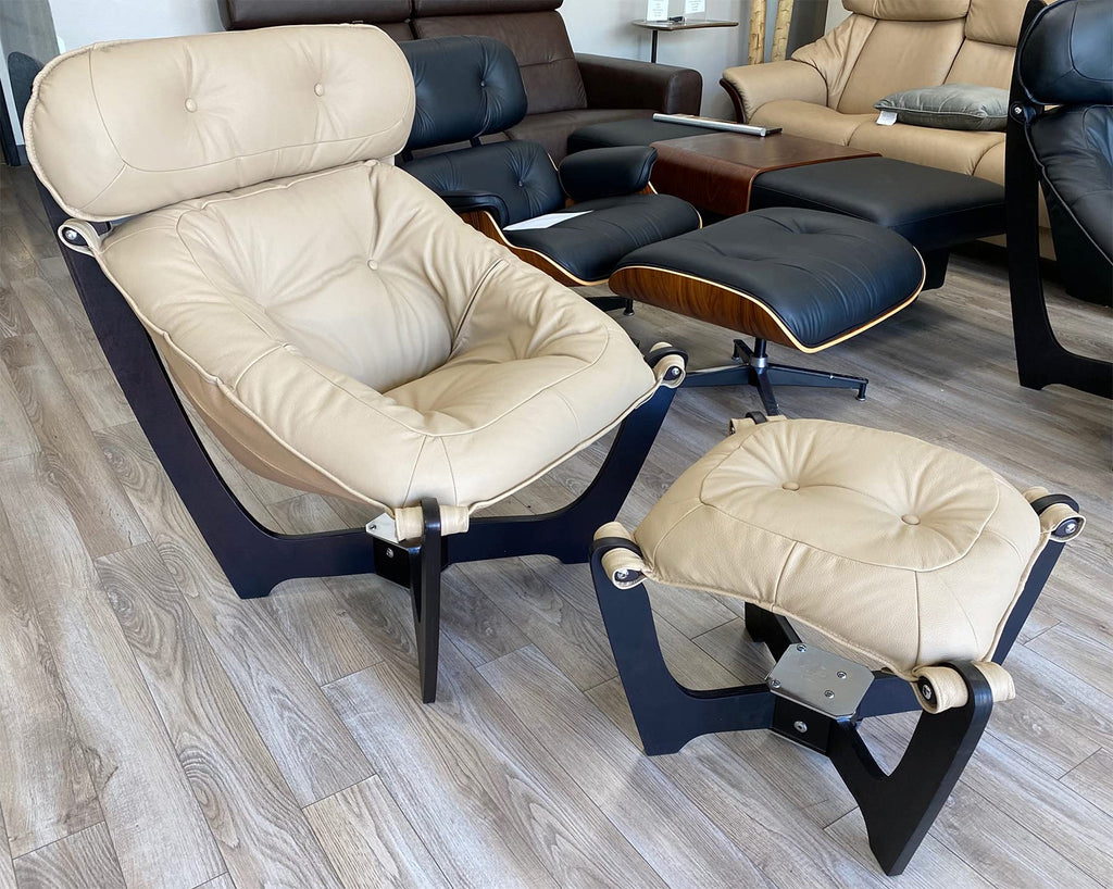 Luna High Back Leather Chair and Ottoman - Espresso Wood Frame (Latte Leather)