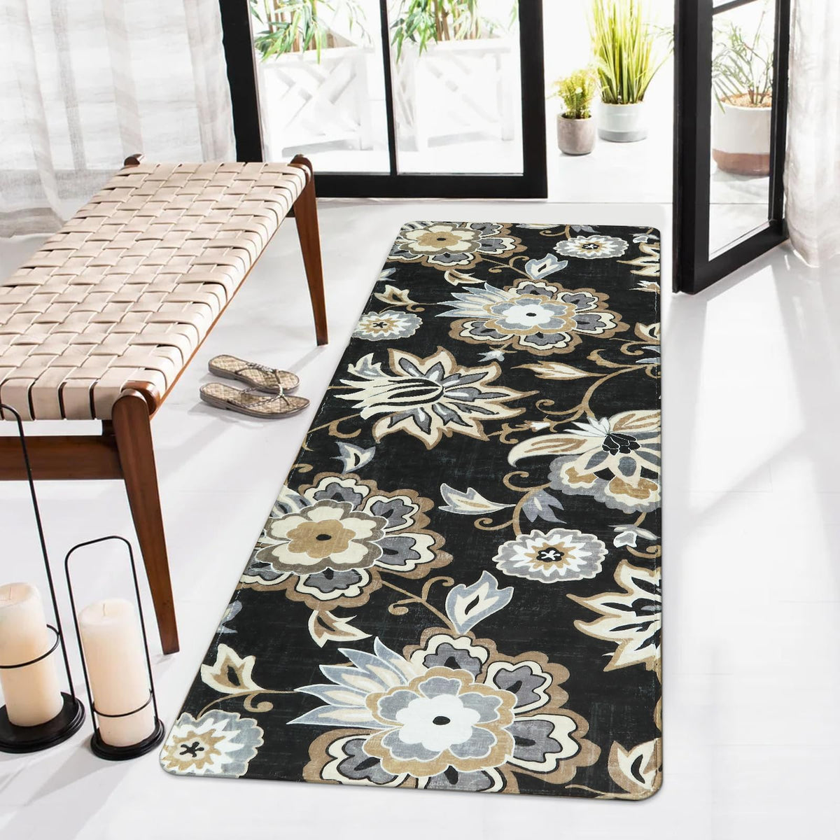 Floral Washable Rug Runner - Black Entryway Kitchen Runner Rug Non-Slip Ultra-Thin Stain Resistant, Paisley Print