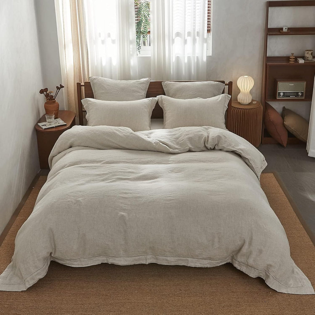 100% French Linen Duvet Cover Set with Embroidered,3 Pcs Washed Soft Farmhouse Bedding Set with Button Closure,1 - Set of 3