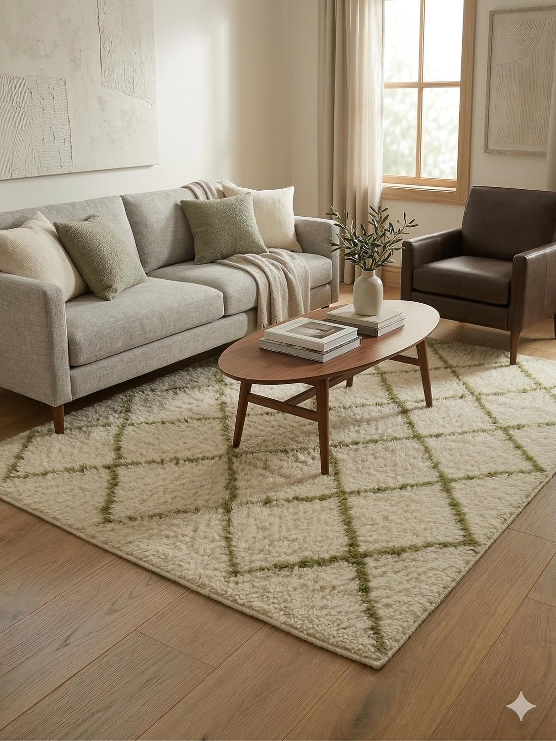 Handmade Moroccan Berber Area Rug 5' x 7', 100% Wool High Pile Shag, Beni Ourain Style, Ivory/Cream with Green