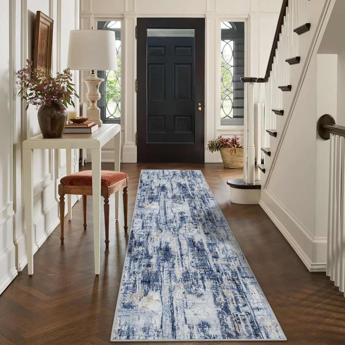 2'6''x8' Runner Rugs Washable Rug: Modern Abstract Hallway Blue Gold Carpet