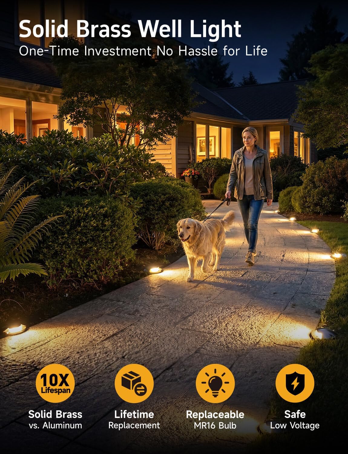 Landscape Well Lights Outdoor - Brass Weathproof Low Voltage In Ground Lighting, LED 12V Turret Top Fixture, Antique