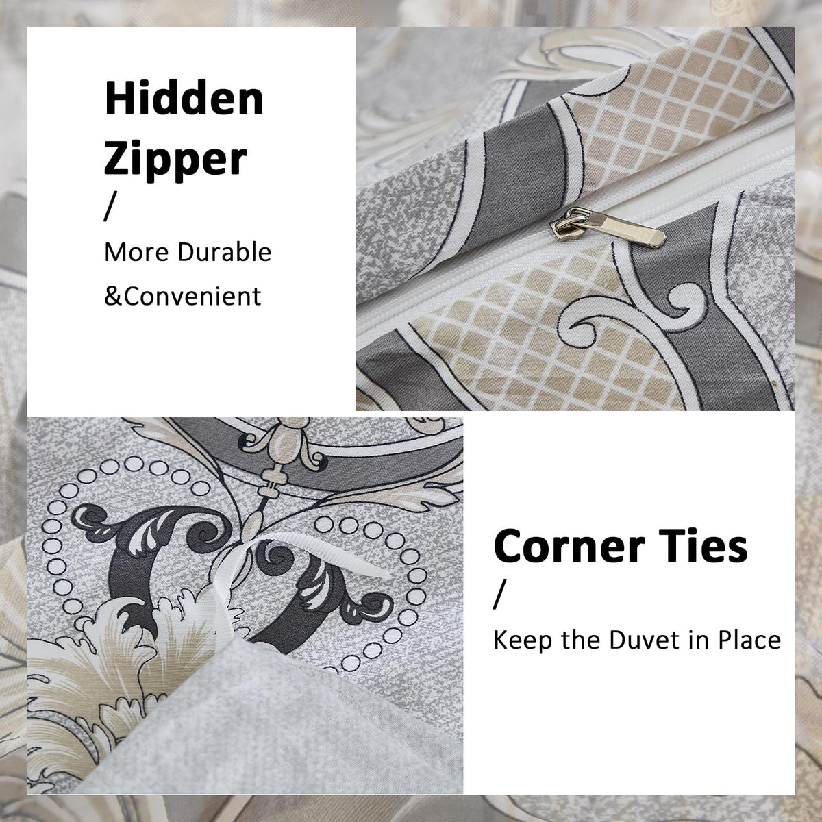 100% Natural Cotton Duvet Cover Set King 3 Pcs Grayish Duvet Cover with Luxurious Damask Pattern, Reversible