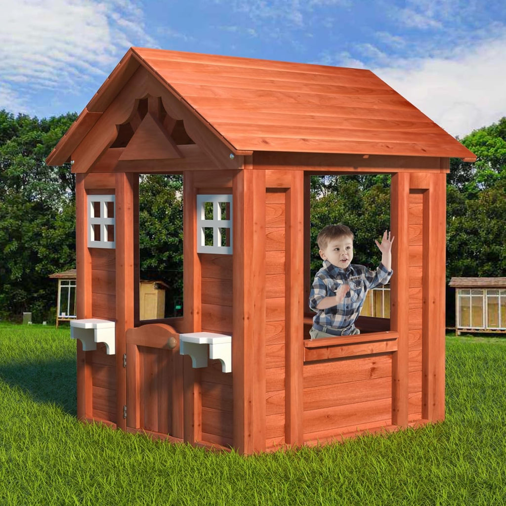 Kids Outdoor Playhouse with Door & 2 Windows - Wooden Backyard Play House for Ages 3-8 - 42"L x 46"W x 55"H - Easy
