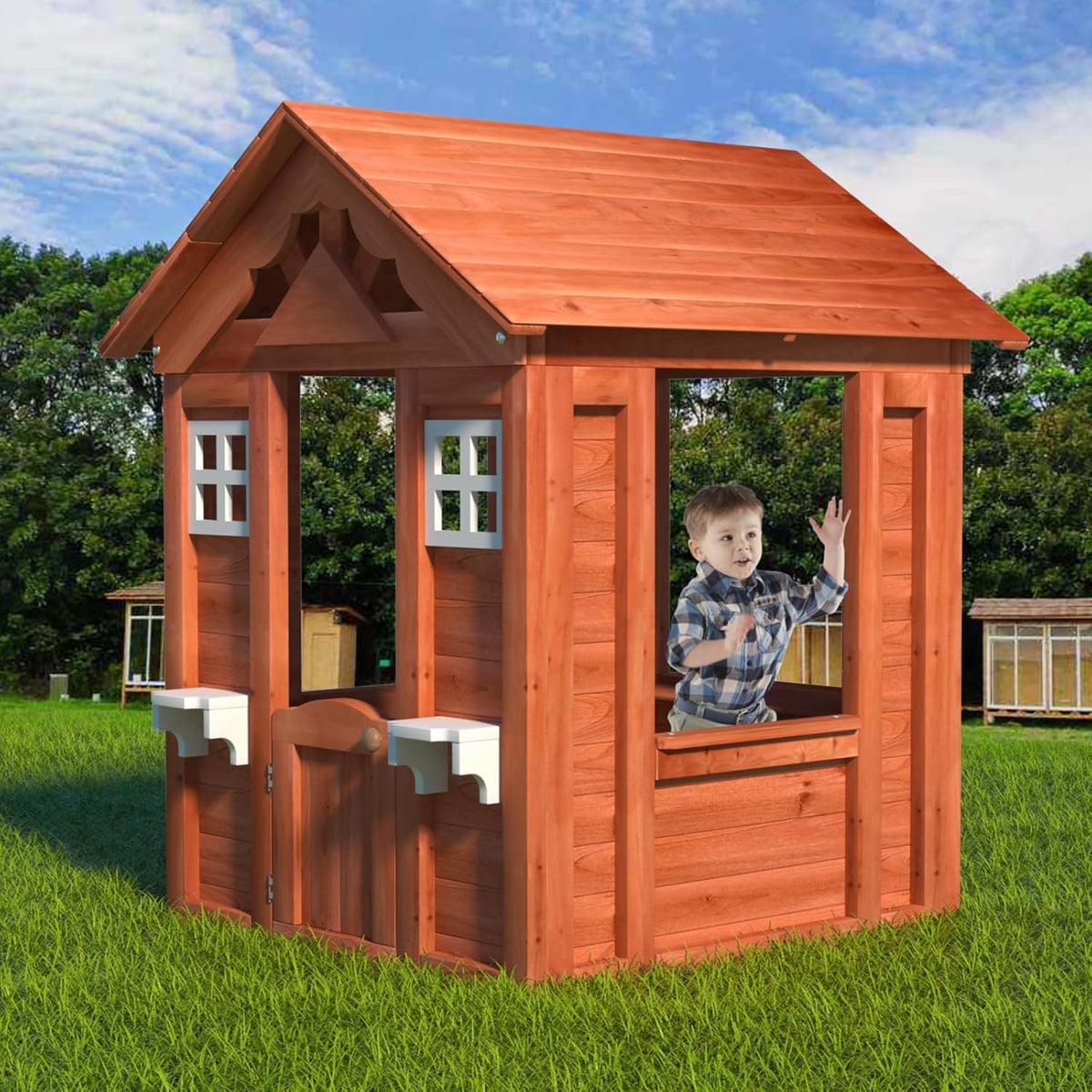 Kids Outdoor Playhouse with Door & 2 Windows - Wooden Backyard Play House for Ages 3-8 - 42"L x 46"W x 55"H - Easy