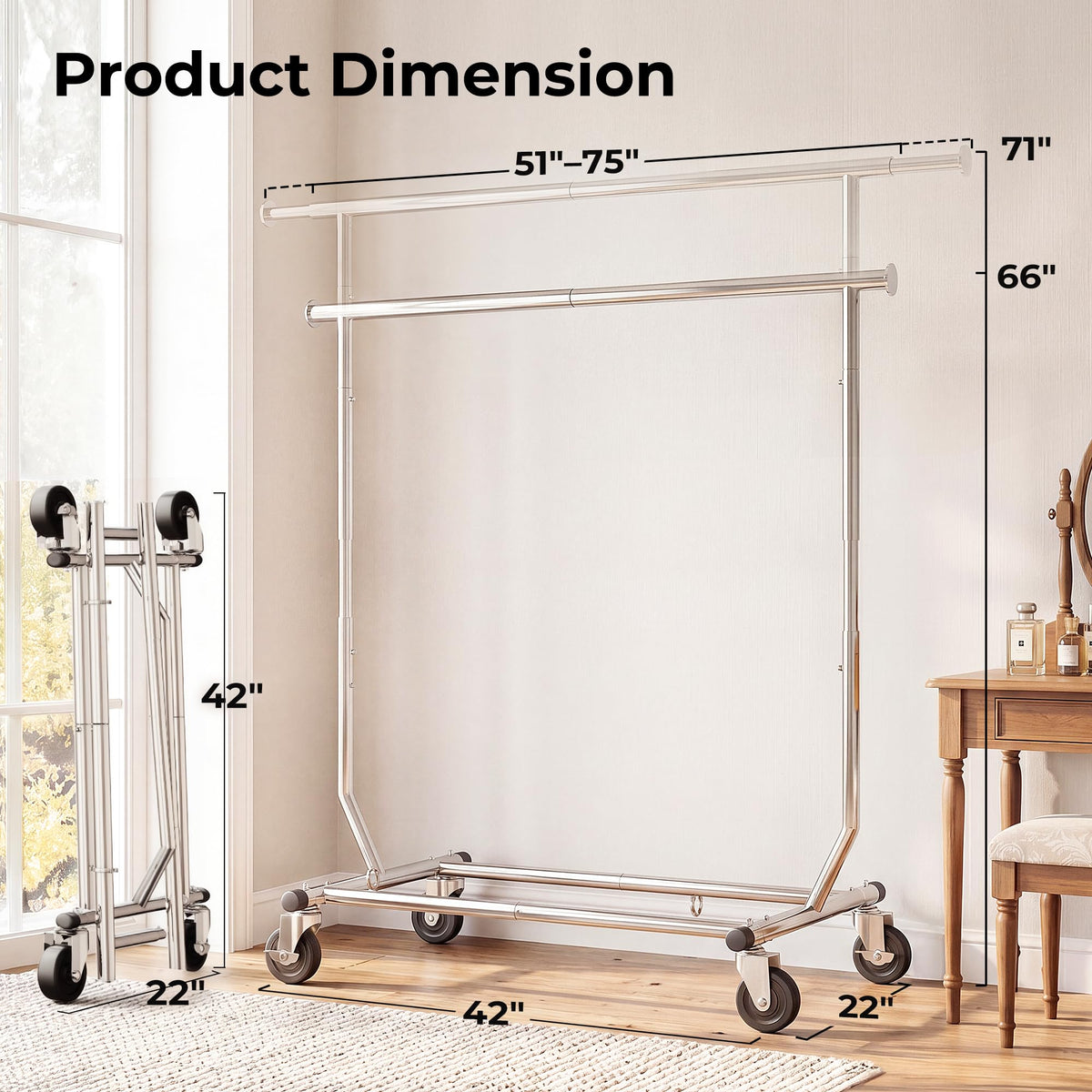 Clothes Rack Rolling Clothing Racks with Wheels Collapsible