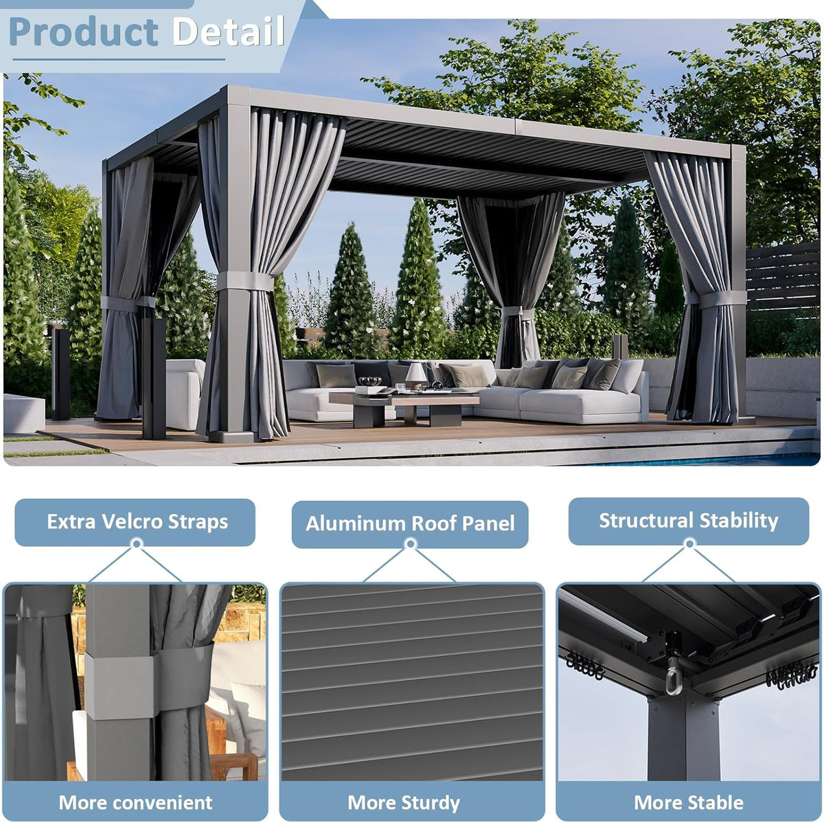 Louvered Pergola 12' x 16' Outdoor Aluminum Pergola Adjustable Roof, with Waterproof Curtains and Nets