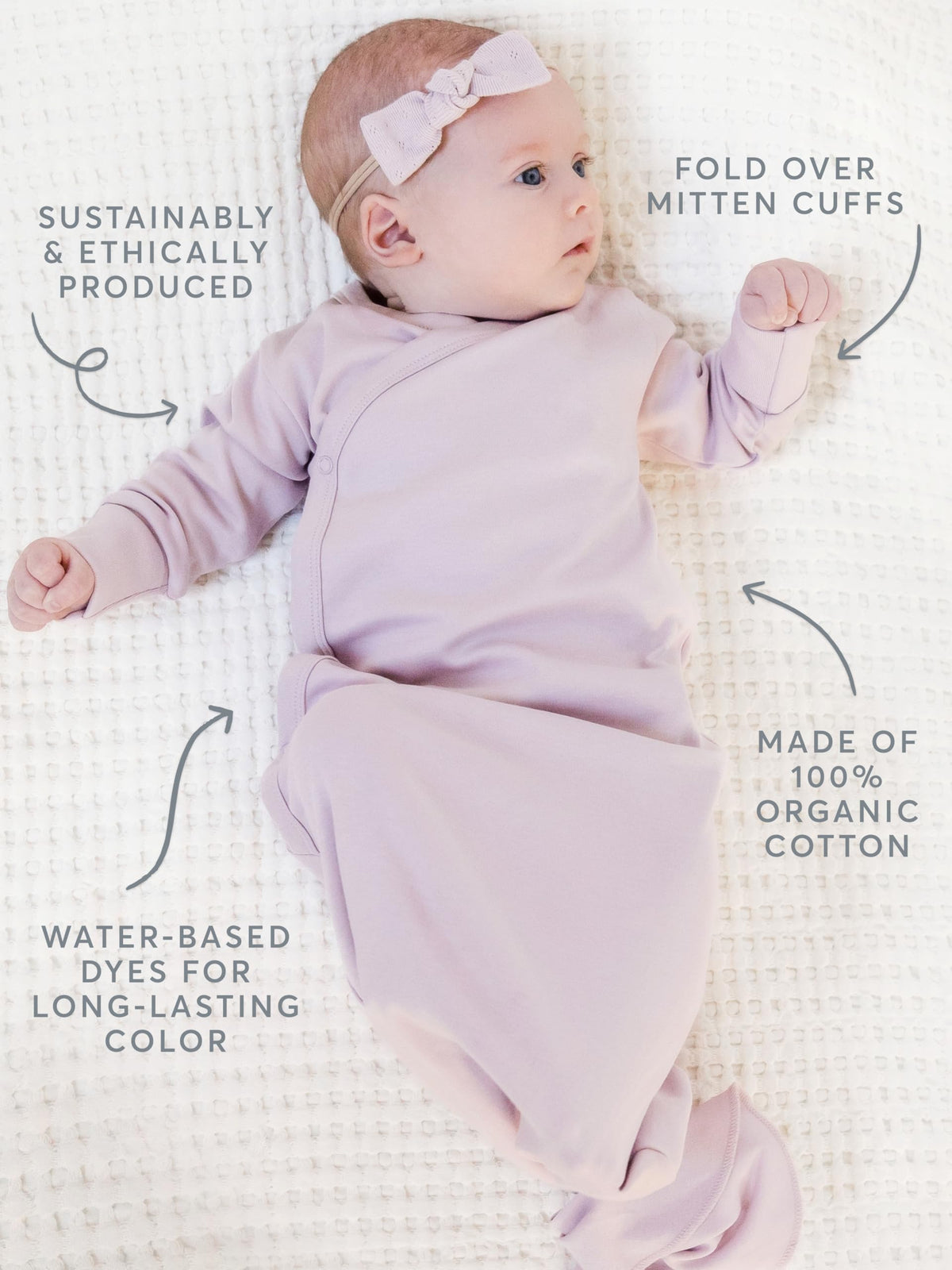 Organic Cotton Knotted Gown - Infant Nightgown with Mitten Cuffs - Natural