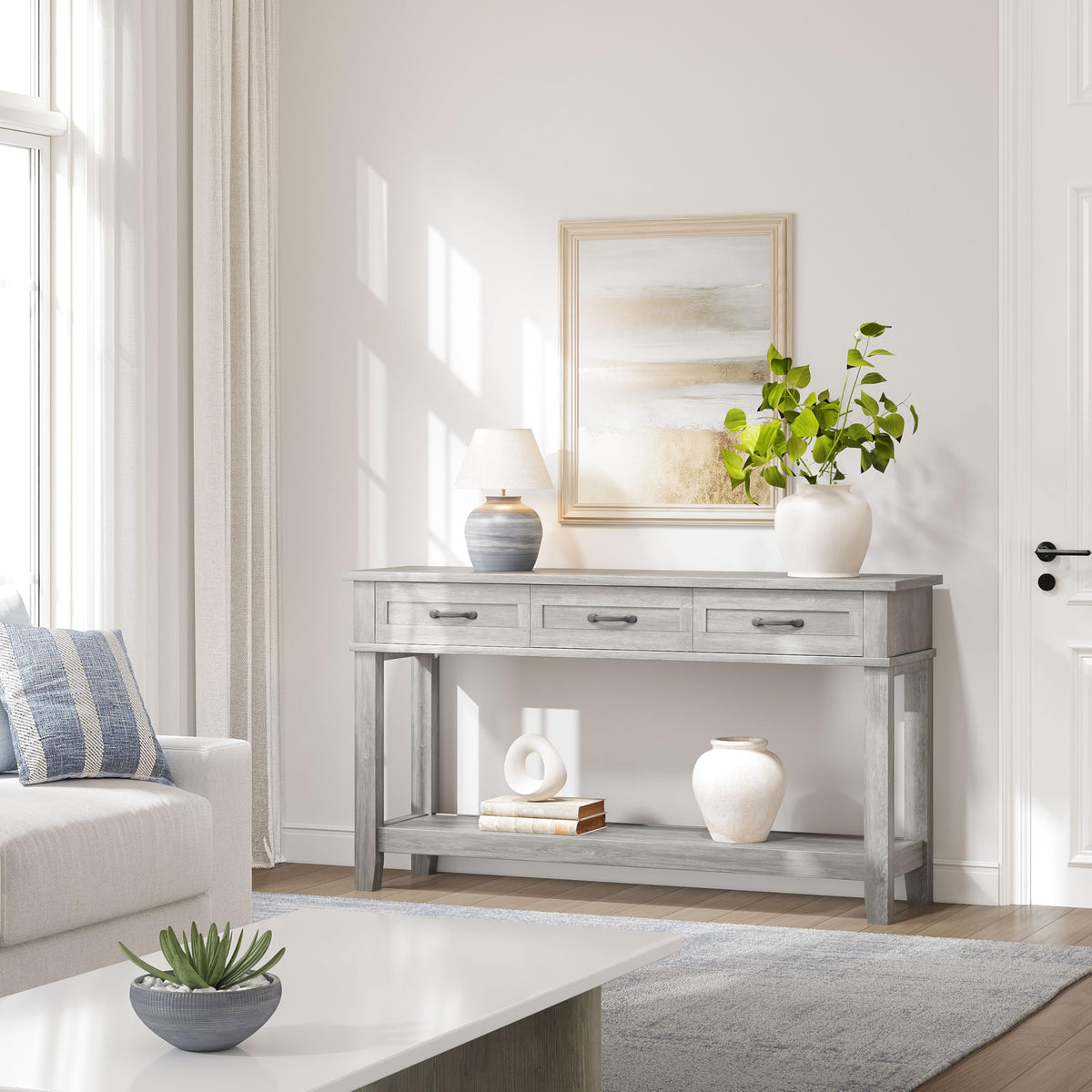 3 Drawers Entryway Table, Farmhouse Wooden Console Table, Grey