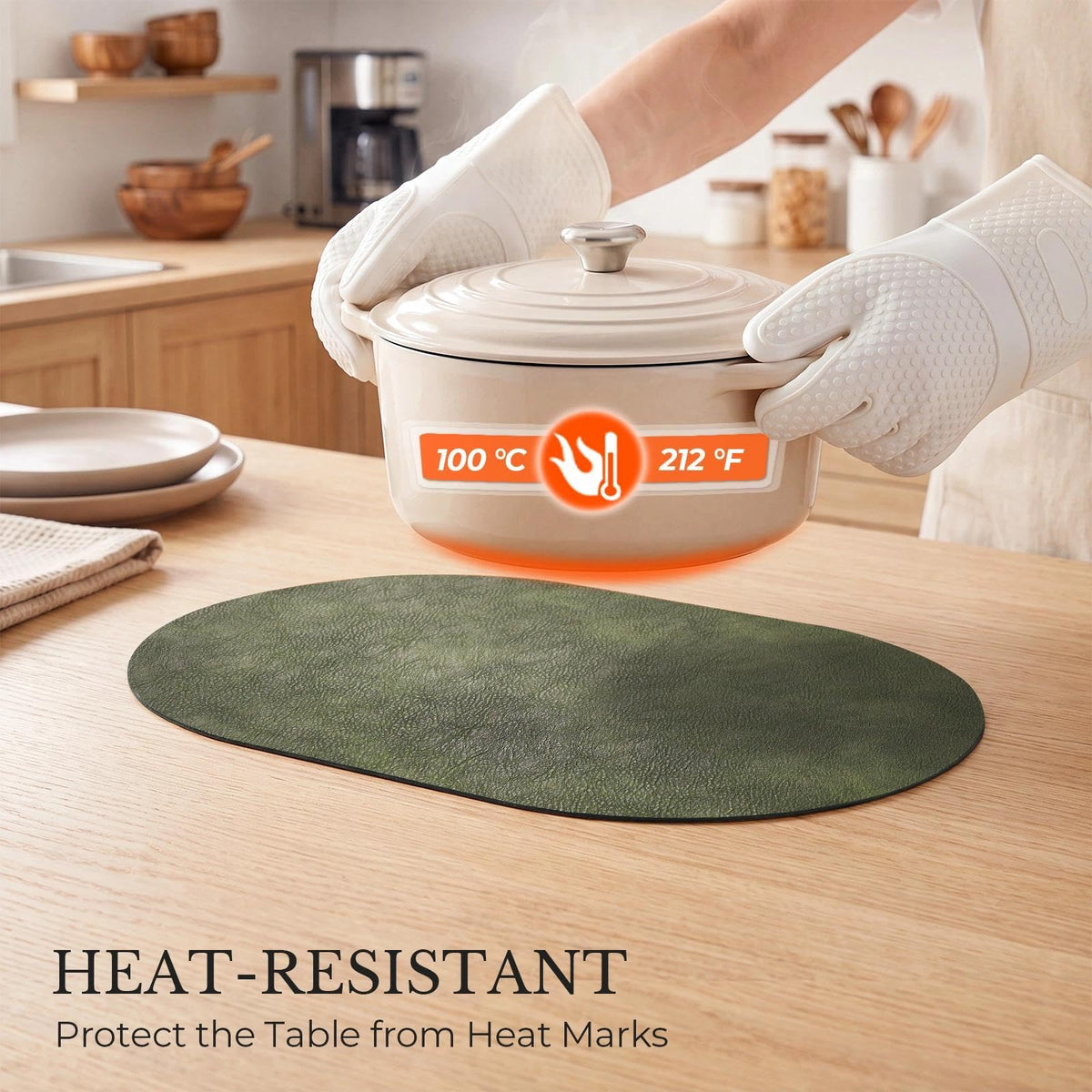 Vinyl Faux Leather Oval Placemats, Set of 4, Olive Green