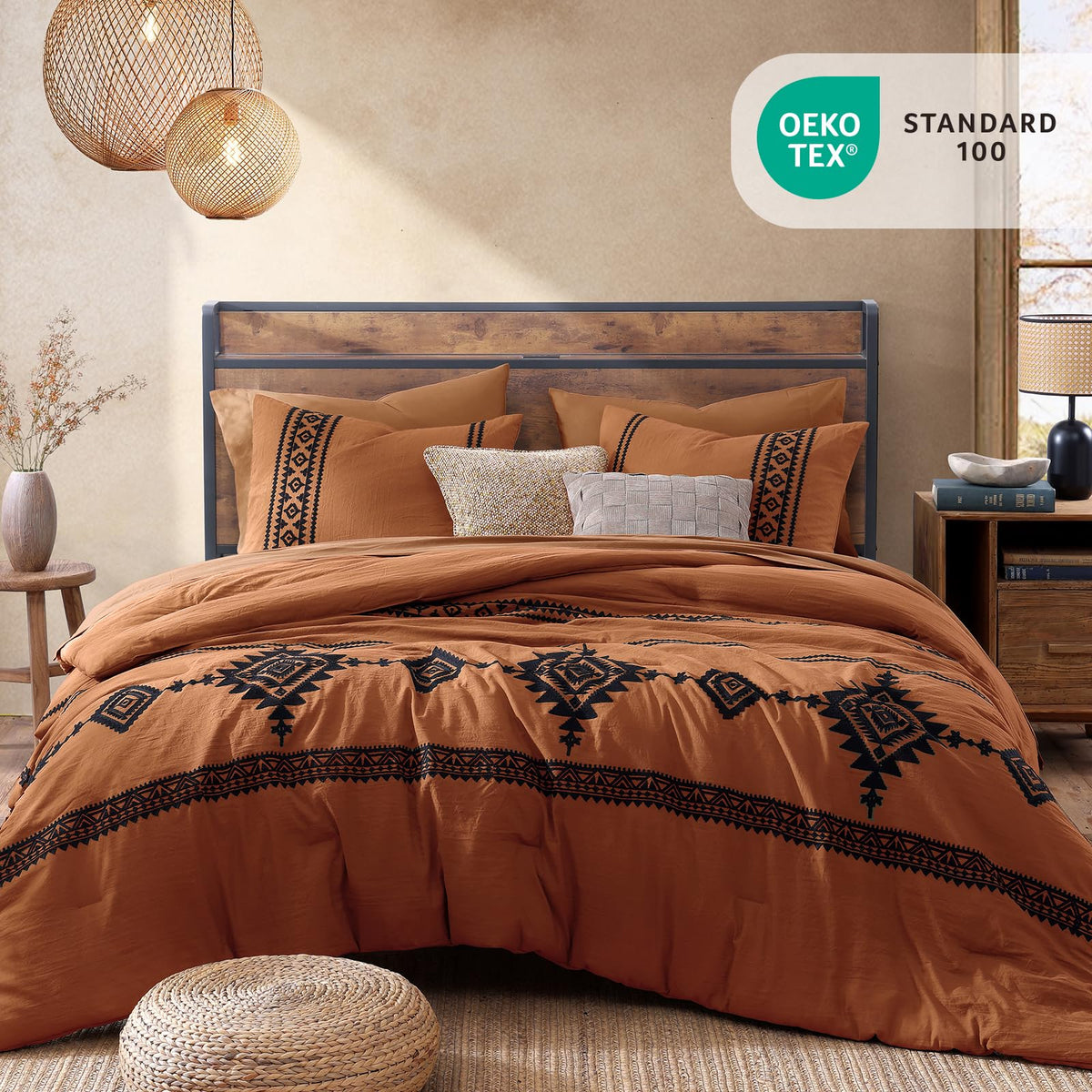 Embroidery Queen Comforter Set 7 Pieces Burnt Orange Bed in a Bag