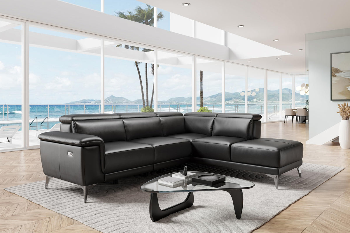 Pista Leather Reclining Sectional Sofa with Right Hand Chaise - Italian Nappa 11000 Top Grain Leather Couch - Power