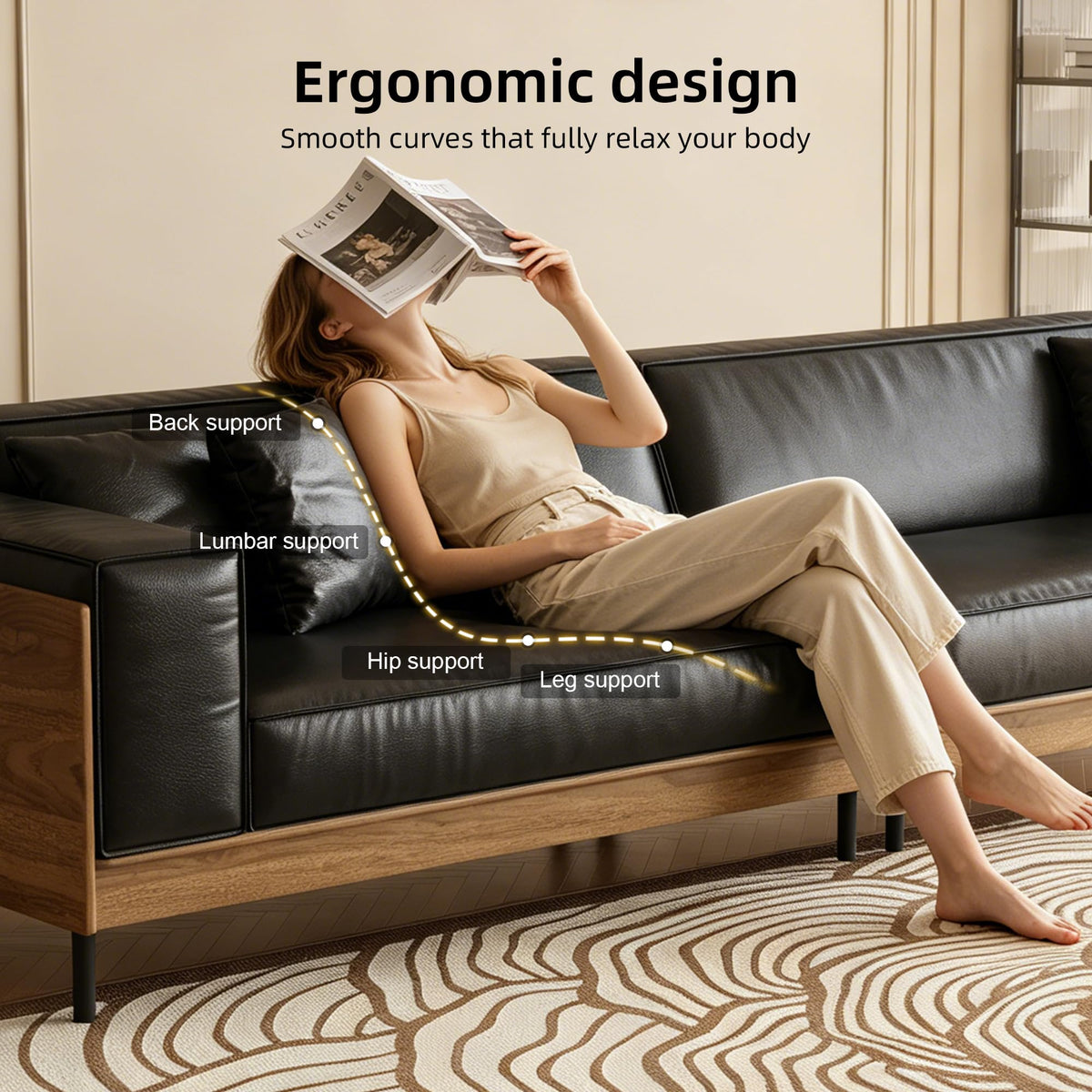 106.3" Mid-Century Modern Leather Sofa Couch with Wood Frame