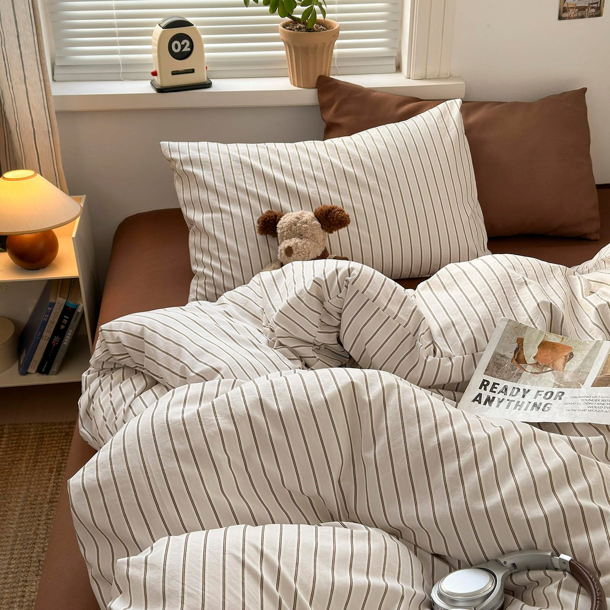 Vintage Striped Comforter Set 3-Piece Bed Set Brown&White
